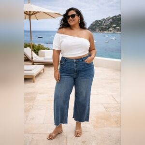 a.n.a Blue Medium Wash Raw Hem High Rise Wide Leg Cropped Jeans Size 18